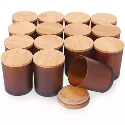 210ml Frosted Amber Luxury Glass Candle Jar Containers with wood lid