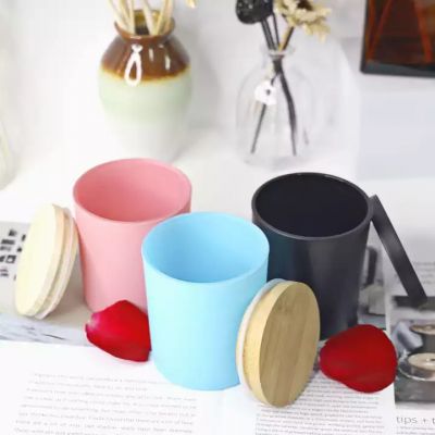 Wholesale Custom Empty Pink Glass Frosted Candle Jar Vessels Holders with Wooden Metal Lids for Soy Wax Scented Candle Making