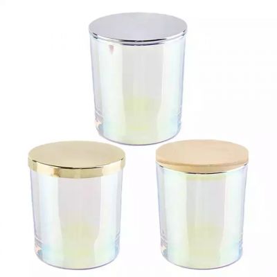 Pot Bougie Gradient Rainbow Glass Iridescent Candle Jar Container with Wooden Metal Lids for Soy Wax Scented Candle Making
