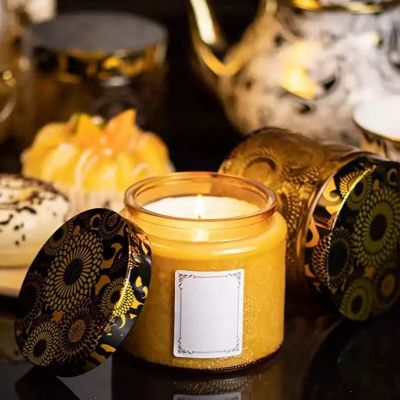 Luxury Exquisite Relief Amber Glass jars with lids for candle for Household Decorative for Gift