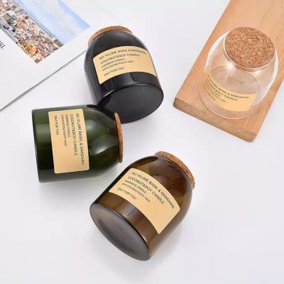 New style cute round cork ball top glass candle jar 13oz amber glass candle holder with customized sticker