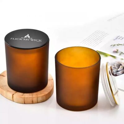 Private printed logo 10OZ round brown glass Candle Jars with Leakproof Lids for home decoration