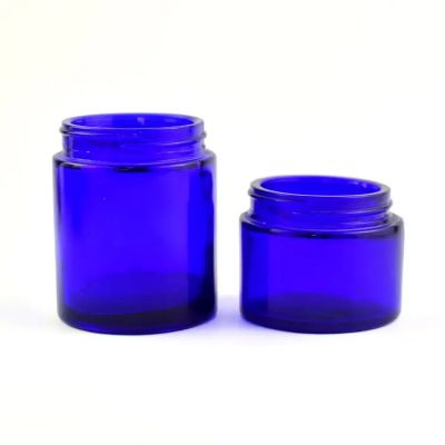 1oz 2oz 4oz 8oz cobalt blue straight sided glass cream jar with black plastic lid custom sticker logo label printing