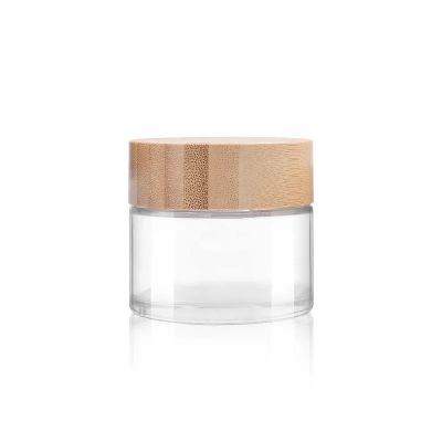 Made in china high quality 75ml transparent child resistant glass jar with nature friendly bamboo lid