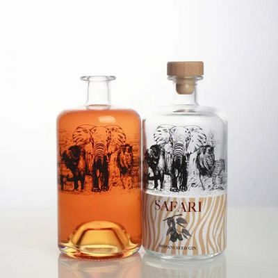 Customized shape screen printing logo 700ml 750ml liquor gin vodka whisky rum tequila spirits glass bottle with cork stopper