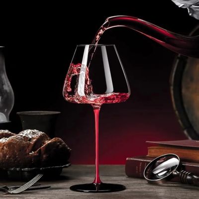 Lead Free Unique Special Big Wine Glass with Long Red Stem Black Base