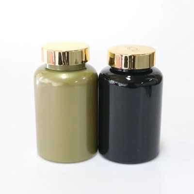 Wholesale Custom 120ml 150ml 200ml 250ml 300ml Black Plastic Pet Pill Capsule Bottle Can Match With Gold Cap