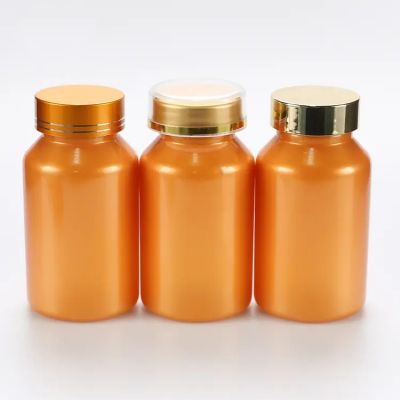 pet golden plastic bottle for capsule tablet pills vitamin supplement packaging bottle with double screw cap