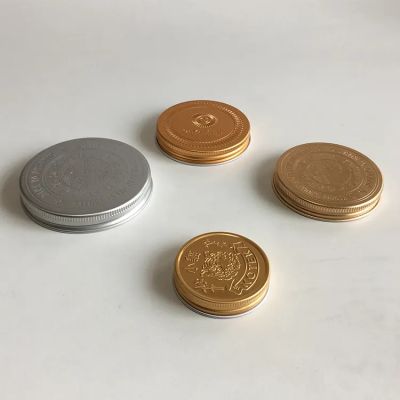 Wholesale Custom embossed and debossed logo gold /silver color 38mm 48mm 53mm 63mm aluminum lid for tin canned bottle