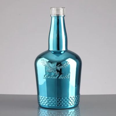 Exquisite Embossed Spray Paint 750Ml Blue Whiskey Glass Bottle