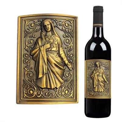 wholesale low moq antique engraved angel Jesus yellow wine label metallicsticker copper