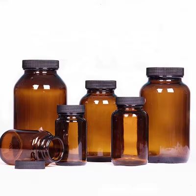 cheap price 150ml 250ml 500ml amber wide mouth glass medicine pill bottle with plastic screw cap
