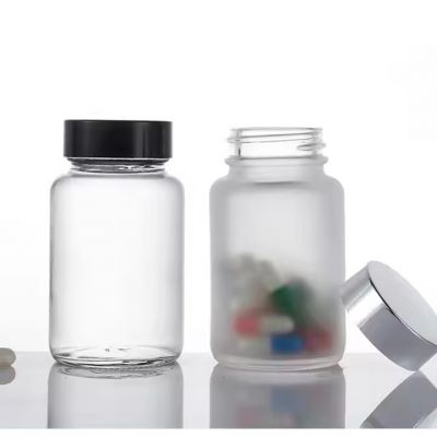 wholesale 60ml 150ml clear frosted glass medicine jar transparent glass pill jar glass supplement jar