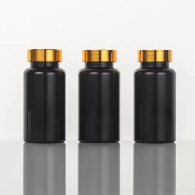 Empty Food Packing 120cc 150cc 200cc Clear Black Amber Round PET Plastic Medical Bottle With Screw Gold Cap