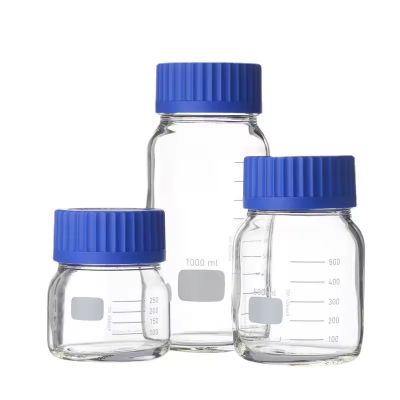 Laboratory Reagent Clear Lab Glass Bottle Reagent Media Storage With Blue Screw Lid 250ml 500ml 1000ml