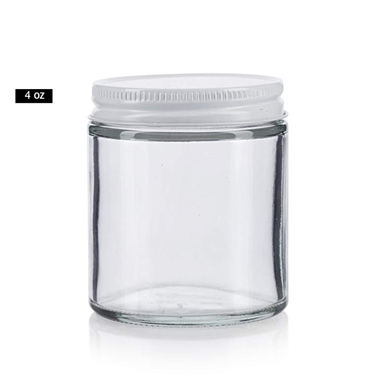 4oz 120ml Clear Thick Round Glass Straight Sided Jar with White Metal Airtight Lid 