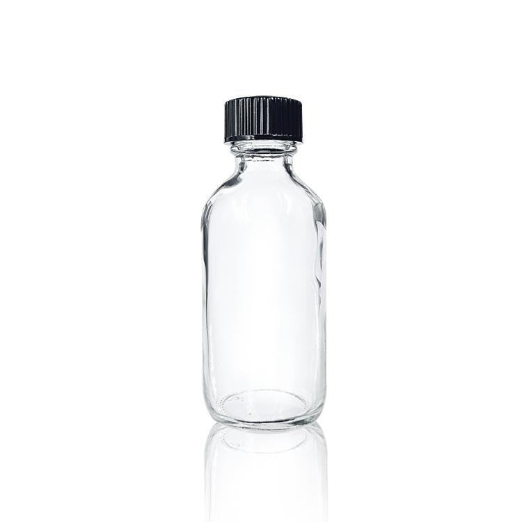 2 oz 60ml Clear Boston Round Glass Bottle with Black Cap