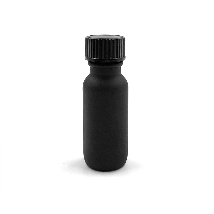 1/2 oz 15ml matte black glass boston round bottle with urea bakelite cap 