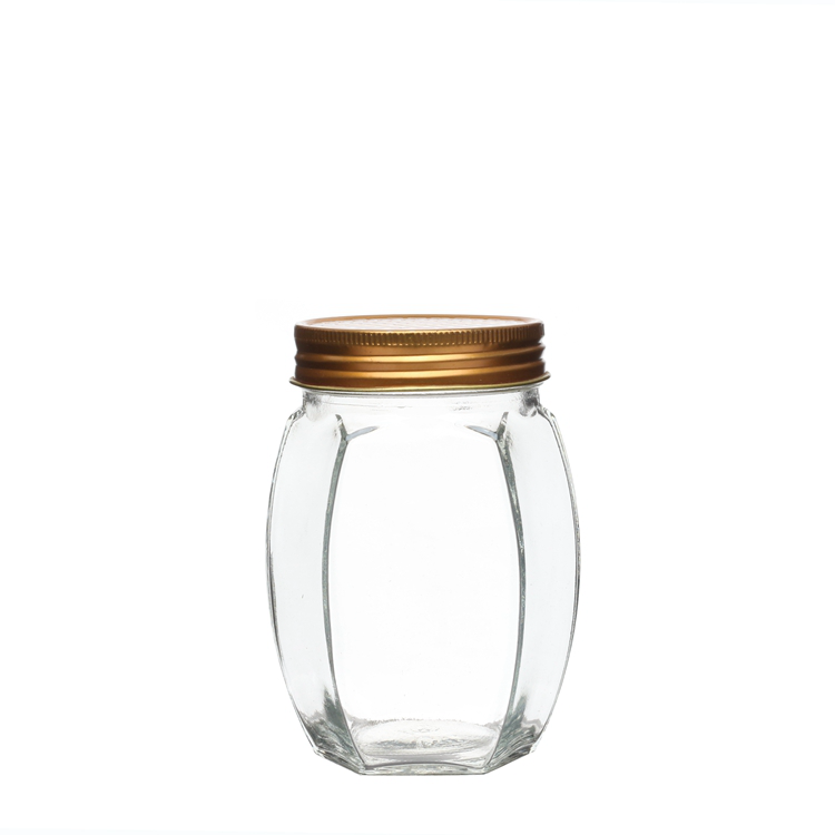 500g 380ml Hermetic oval hexagonal glass honey jar with metal lip 