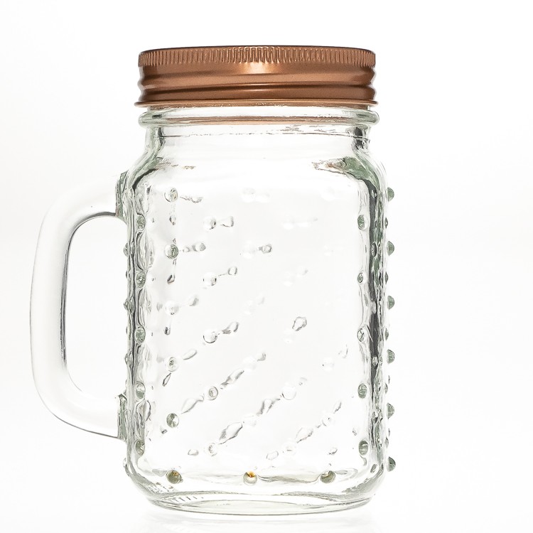 Fancy Engraving Printed Clear Square Beverage Food Storage Bottles 450 ml 15 oz Glass Mason Jar with Handle 