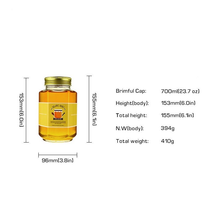 700ml 400ml 1kg 1lb 500g empty glass hexagon jar with decorative lid for honey