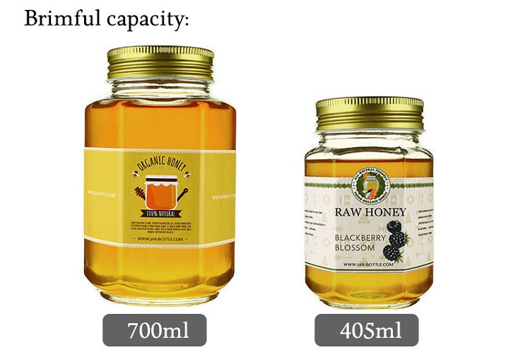 700ml 400ml 1kg 1lb 500g empty glass hexagon jar with decorative lid for honey