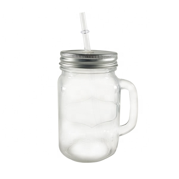 Wholesale 16oz 480ml clear custom glass mason bottle drinking cups with handle and straw lid 