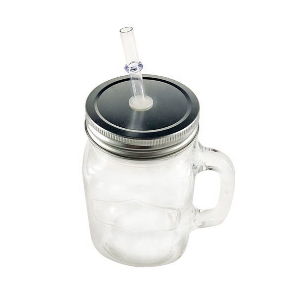 Wholesale 16oz 480ml clear custom glass mason bottle drinking cups with handle and straw lid 