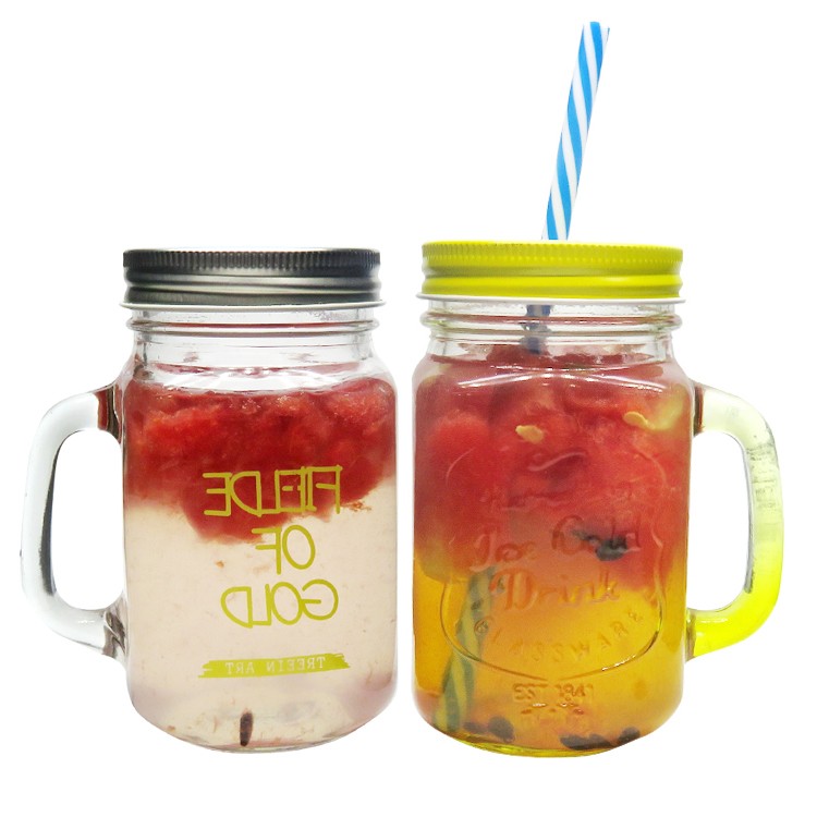 16oz 500ml Clear Glass Mason Jar with Handle and Metal Lid 