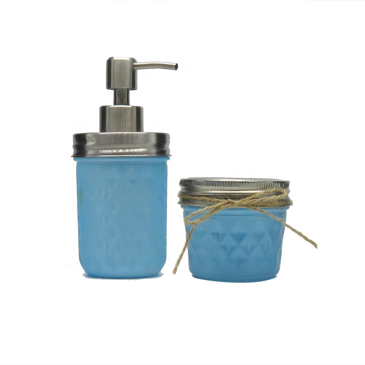 Unique Blue Glass Mason Jar Bathroom Toothbrush Holder Set with Soap Foam Pump 