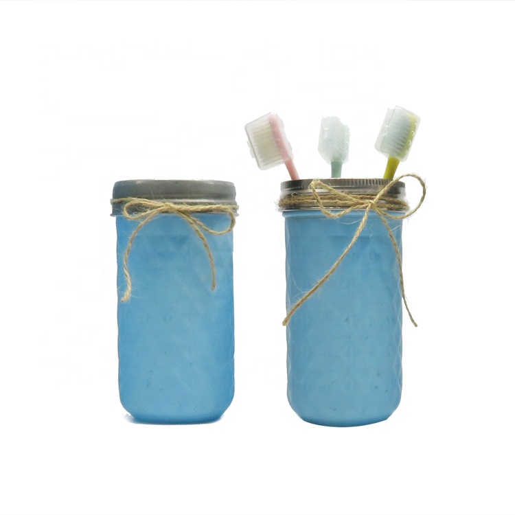 Unique Blue Glass Mason Jar Bathroom Toothbrush Holder Set with Soap Foam Pump 