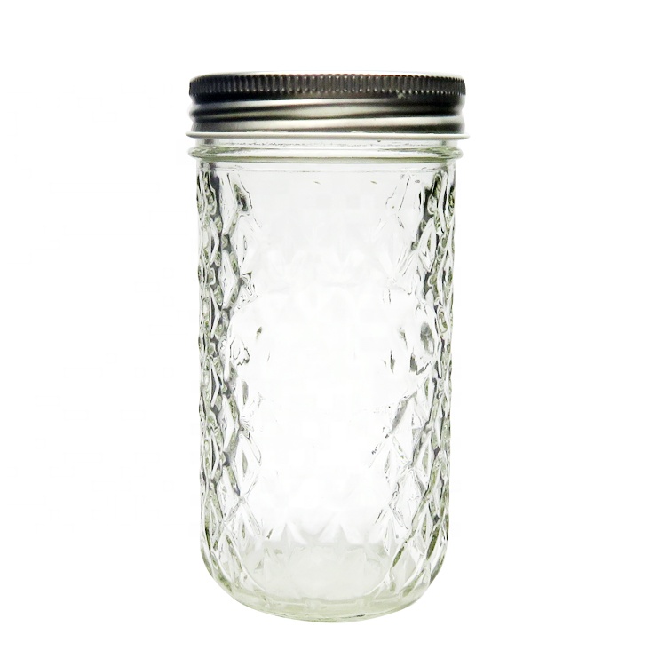 12oz 350ml Glass Mason Jar Wide Mouth Preserving Jar Diamond Jar with 70mm Lid For Jam 