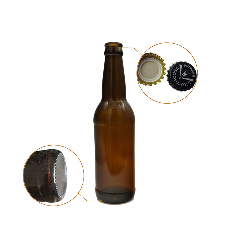 Amber beer bottle with crown cap 330ml in stock 