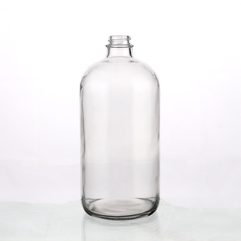 Factory price unique shape 1000ml big size clear boston round glass bottle with sprayer