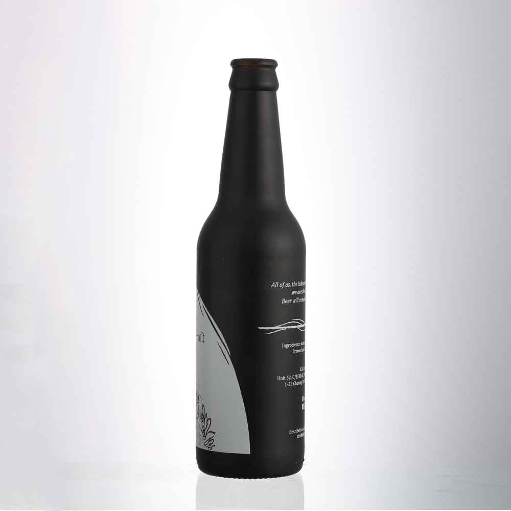 Wholesale custom 330ml hottest bright black empty beer glass bottle with crown lid 