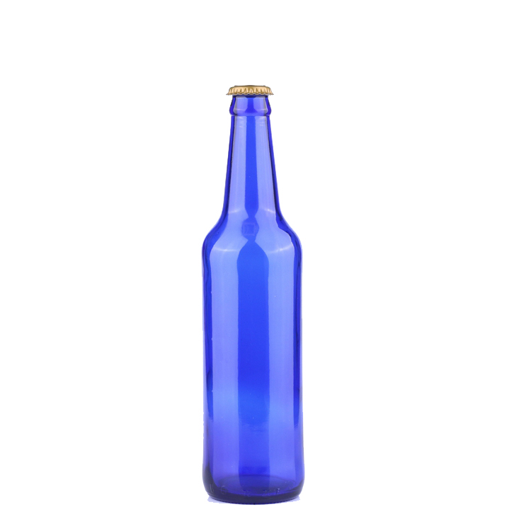 Wholesale china manufacturer cobalt blue 16 oz glass beer bottle glass with crown lid