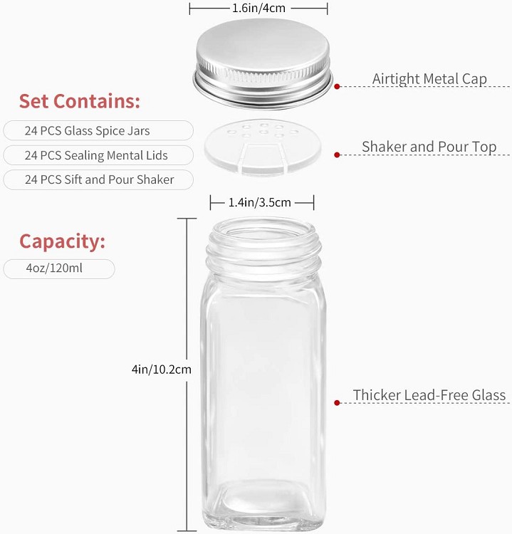 Glass Spice Jars, 4oz Empty Square Spice Bottles Containers with Shaker Lids and Airtight Metal Caps