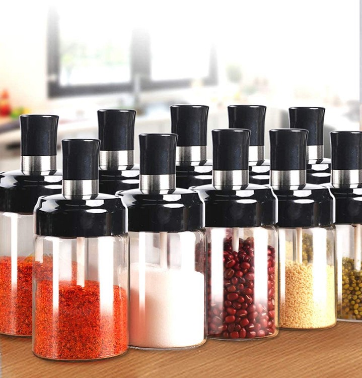 Kitchen Glass Spice Jars Seasonning Box Set of 6, Condiment Pots Spice Jars with Spoons, Oil Bottle Honey Jar Dispenser, Airtight Cap Transparent (8.45oz)