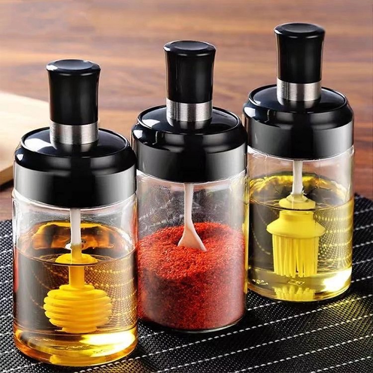Glass Seasoning Tank Kitchen Clear Spice Bottles Pepper Spoon Seasoning Jars Oil Brush Honey Dispenser Food Storage Container
