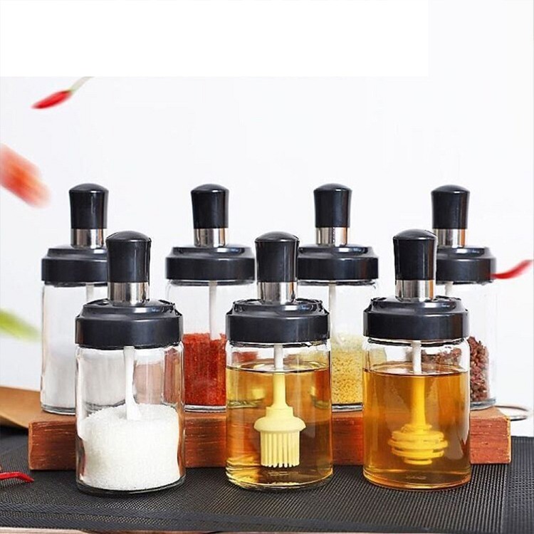 Glass Seasoning Tank Kitchen Clear Spice Bottles Pepper Spoon Seasoning Jars Oil Brush Honey Dispenser Food Storage Container