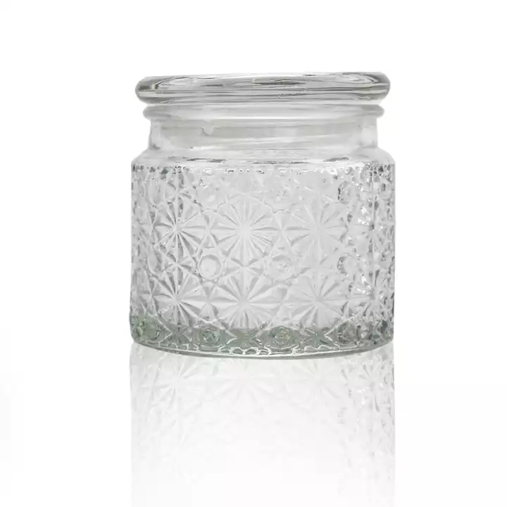 Manufacturer Embossed 12 Oz Glass Candle Jar Vessel With Glass Lid For Candle Making Diy T 8464