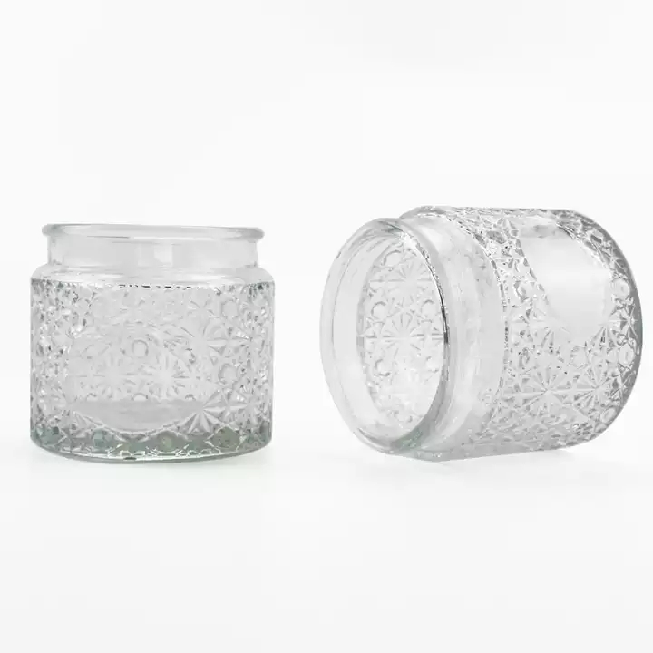 Manufacturer Embossed 12 Oz Glass Candle Jar Vessel With Glass Lid For Candle Making Diy T