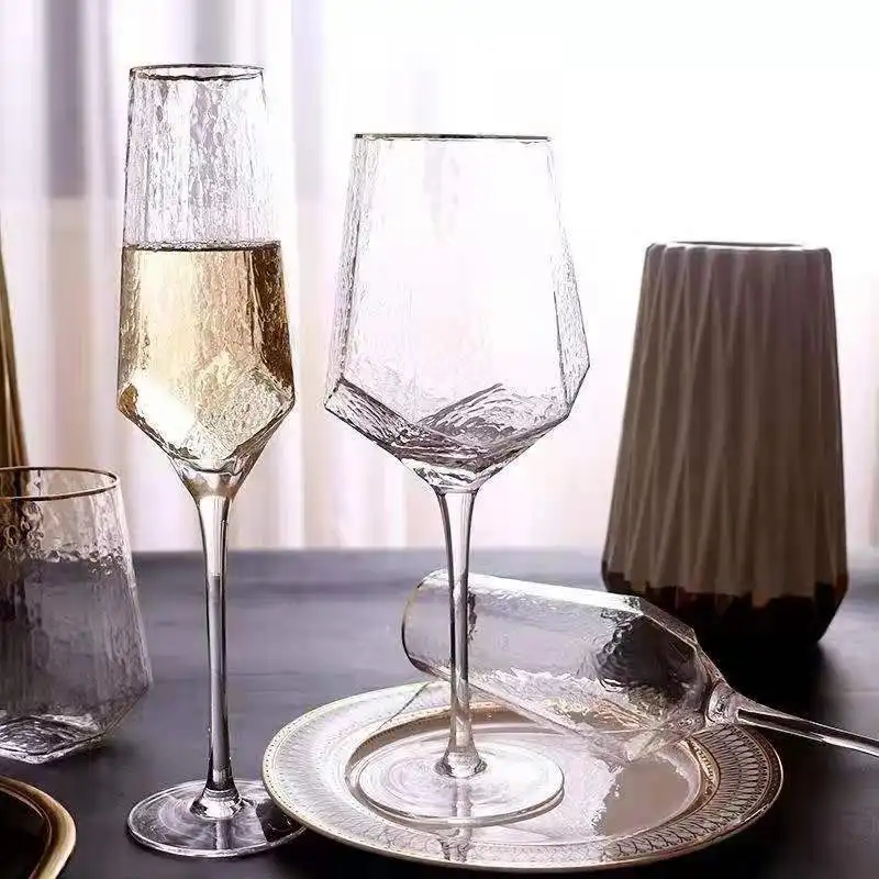 Hand Blown Cristal Hexagonal Diamond Hammered Wine Glass Wine Glasses