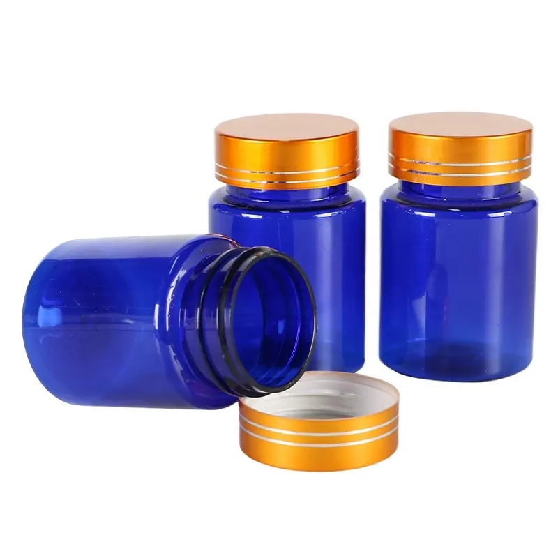 80ml blue plastic capsule bottle tablets pill container with gold cap blue tablets calcium supplement jars