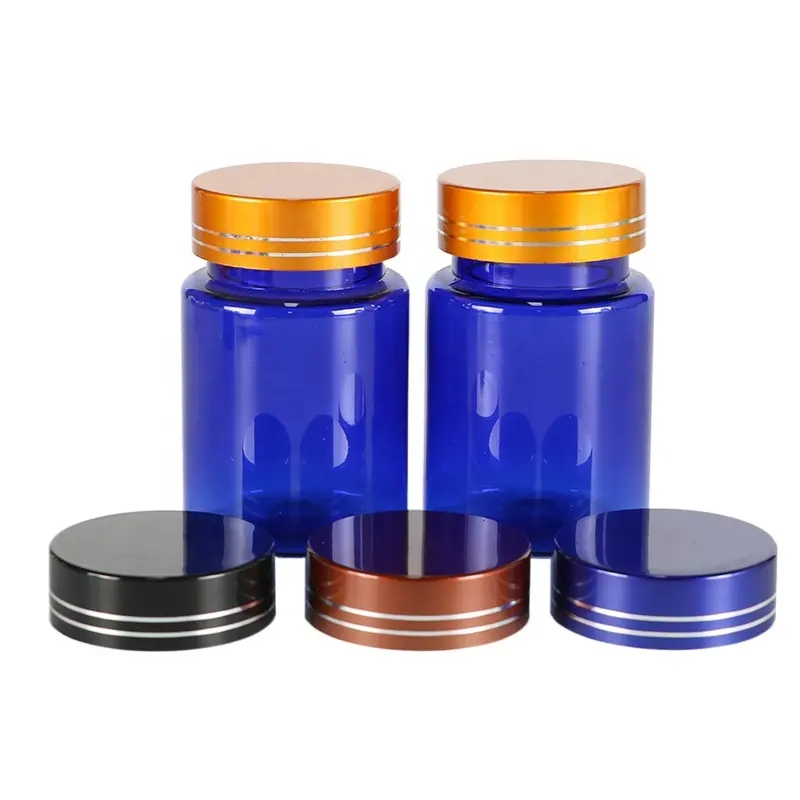 80ml blue plastic capsule bottle tablets pill container with gold cap blue tablets calcium supplement jars
