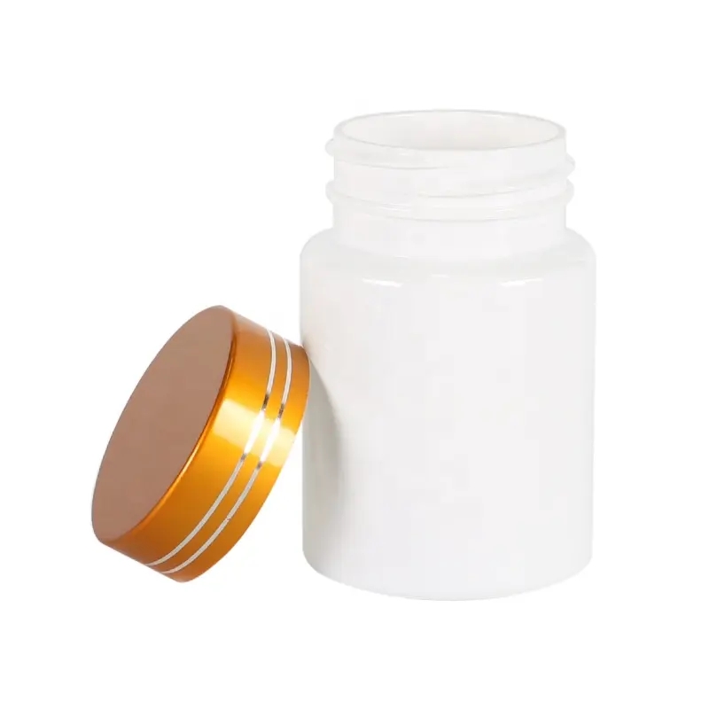 pet white plastic vitamin pills bottle electroplated golden cap supplement packaging jars capsule tablets with special craft