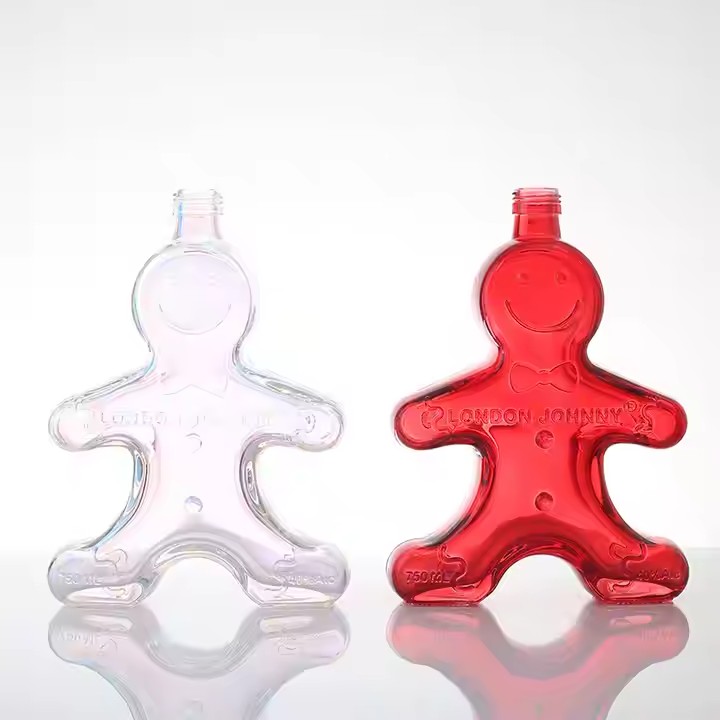 Custom New Design Gingerbread Man Shape 750ml Glass Bottles Whisky Vodka Juice Spirit Smile Face Liquor Glass Bottle With Cork