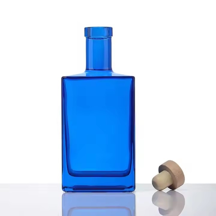 China Supplier Premium Blue Square Super Flint Glass Liquor Brandy Whisky Vodka Custom Tequila Bottle with Cork