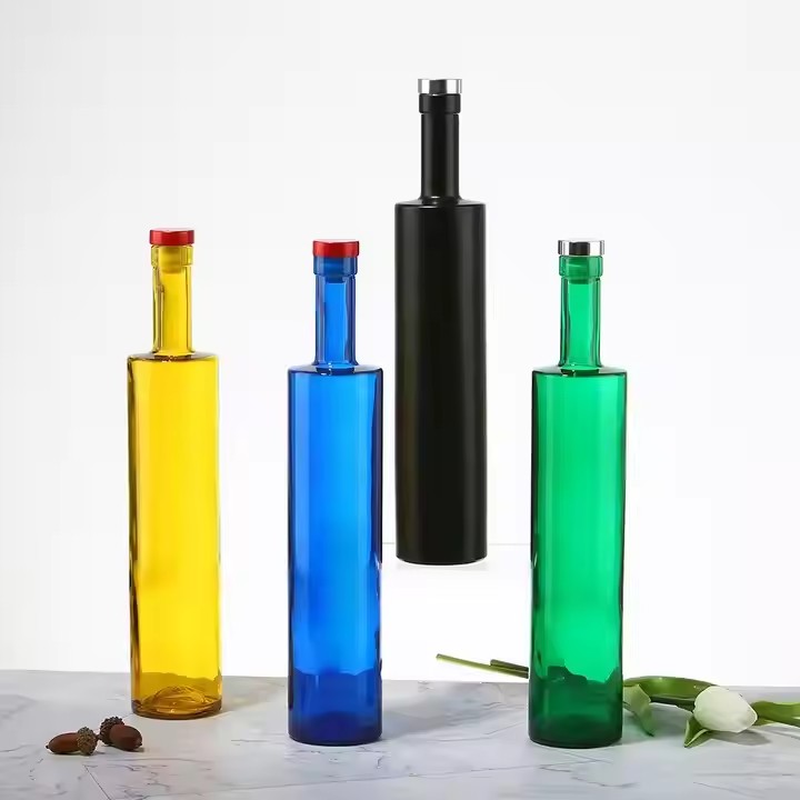 Customize Color Blue Yellow Green Empty clear Round Glass Liquor Wine Whisky Vodka Tequila Bottle with sealed Cork Lid