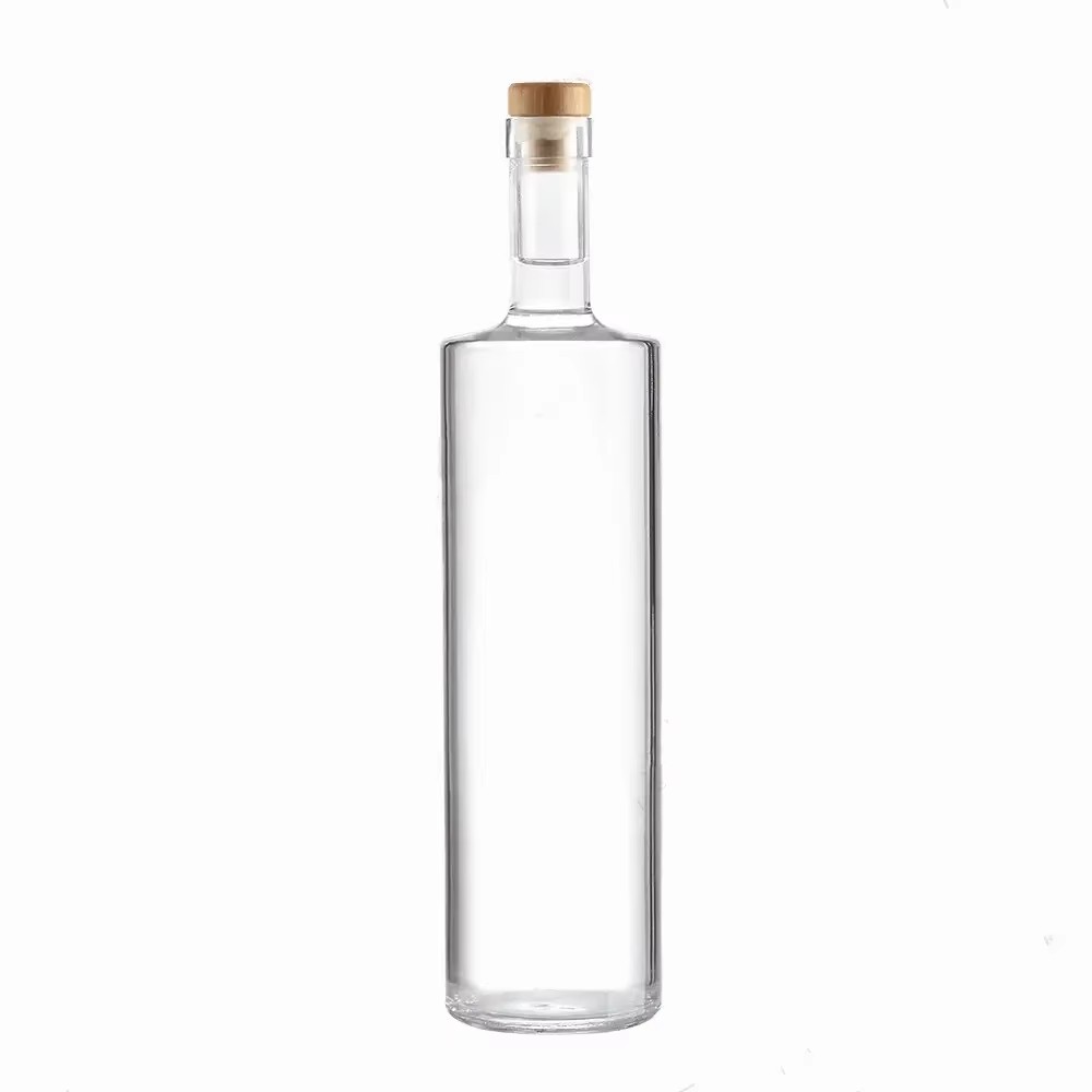 Hot Transparent Frosted Flat Shoulder 700ml 750 ml Liquor Glass Oil Ice Wine Custom Glass Bottle with Cork